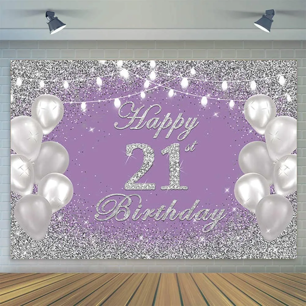 Silver Purple Backdrop for Girl Women Twenty-first 21st Birthday Party Decor Banner Photography Background Vinyl 7x5ft Customize