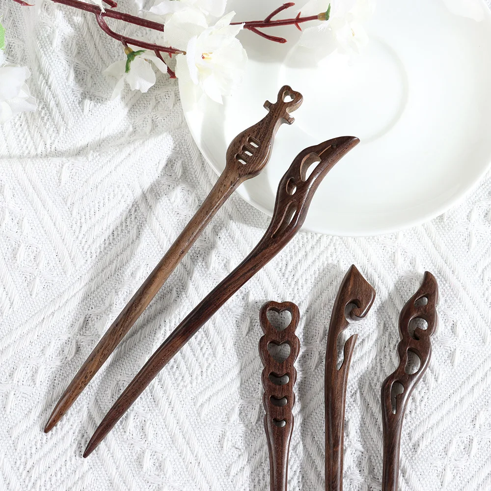 2023 New Fashion Sandalwood Wood Chopstick Hair Stick Handmade Carved Retro Style Women Hair Styling Tools Accessories