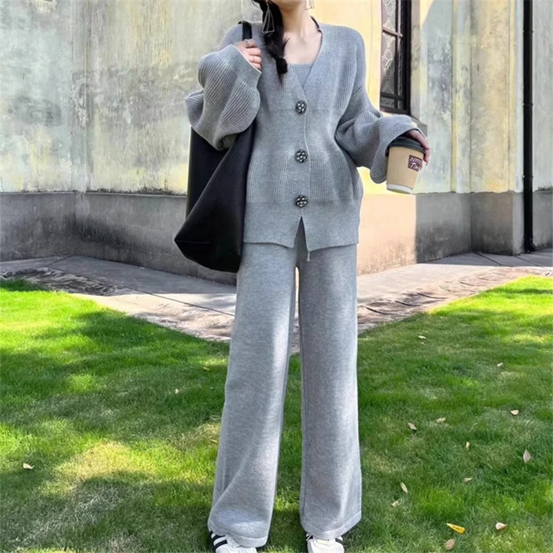 REALEFT Autumn Winter 3 Pieces Women Sets Knitted Tracksuit Buttons Cardigan Sweater & Top and Straight Jogging Pants Suits