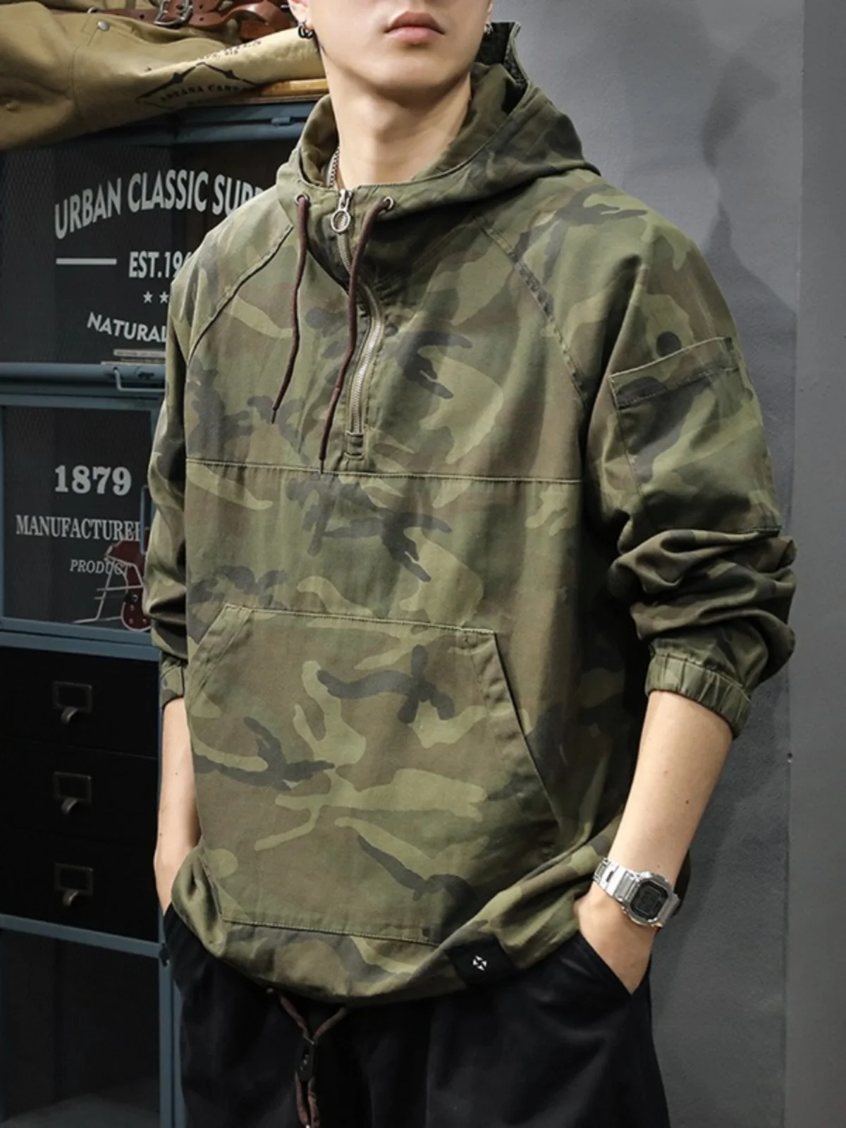 

Американская рабочая одежда в стиле ретро, мужская осенне-зимняя тактическая толстовка с капюшоном в японском стиле, модная брендовая крутая камуфляжная толстовка