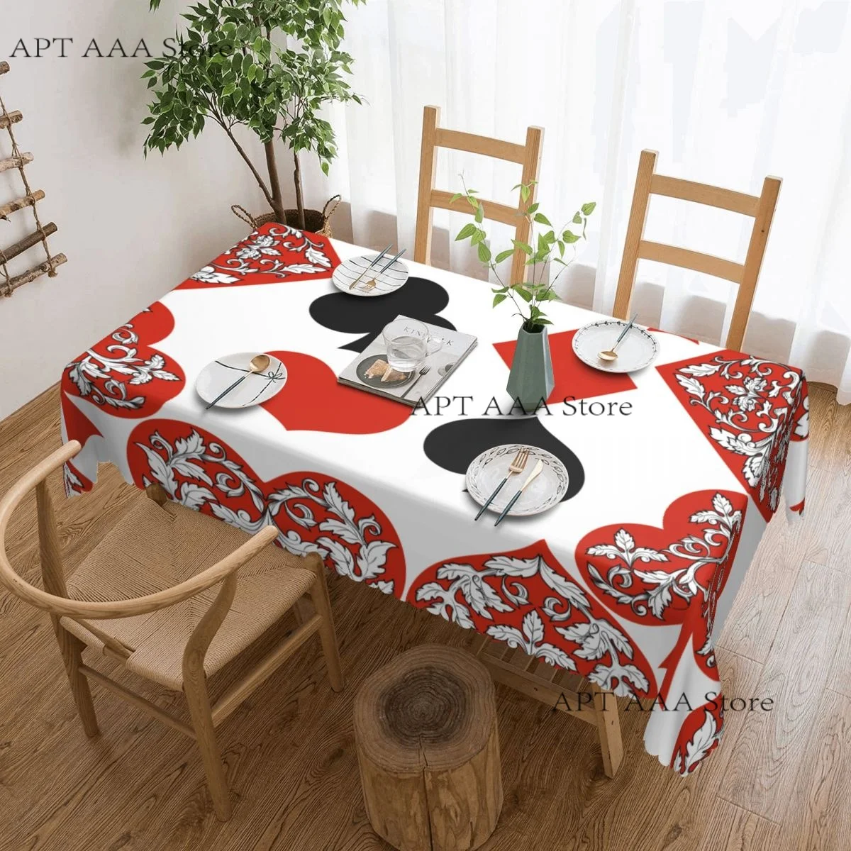 Mantel rectangular impermeable a prueba de aceite Alice en el país de las maravillasPoker, mantel rojo y negro, mantel geométrico bohemio