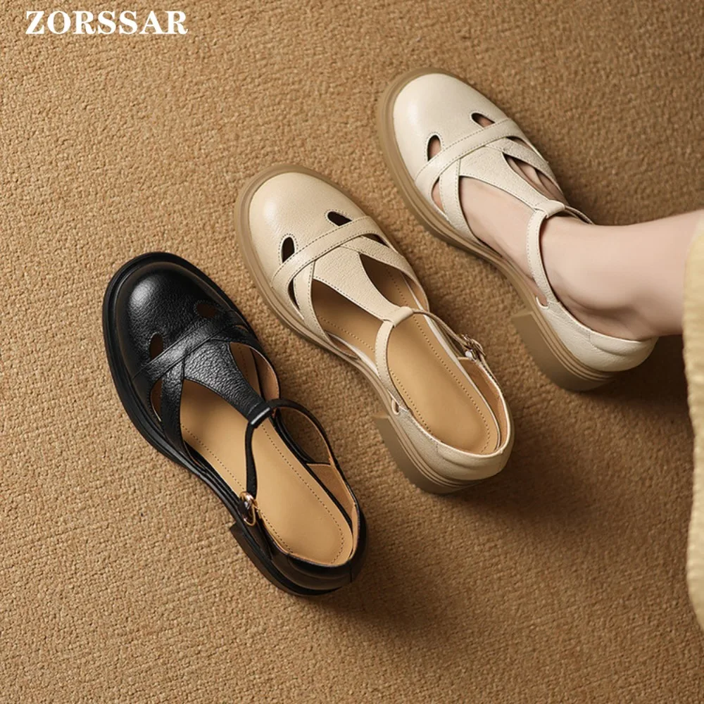 

2025 Summer Closed Toe Roman High Heels Sandals Square Heel T-Strap Medium Heel 5CM Genuine Leather Woman Dress Sandals