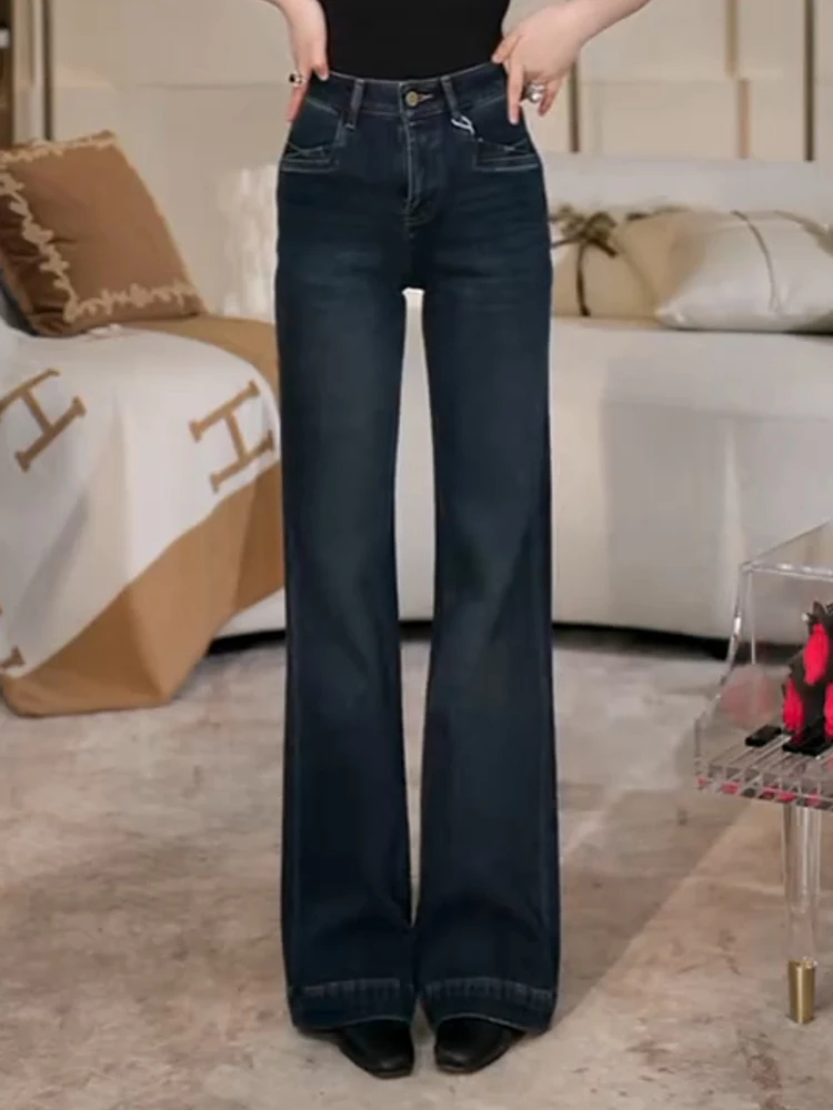 

Женские джинсы-клеш с высокой талией, синие, повседневные, широкие брюки, весна-осень, новые, в стиле ретро, расклешенные брюки для женщин
