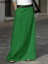 Plus Size 5XL Women Pleated Maxi Skirts Solid Color Skirt 2024 VONDA Fashion Casual Loose Pockets High Waist Bottoms Oversized