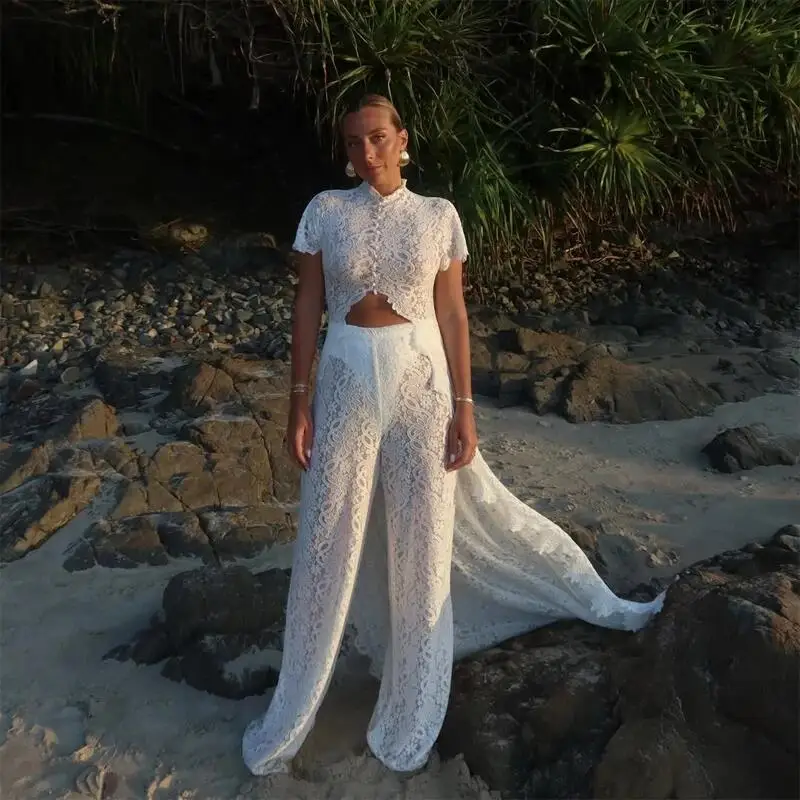 Women White Lace Embroidery Pant Suit Stand Neck Sleeveless Hollow Out Waist Cinching Sheer See Through 2 Piece Set Ladies