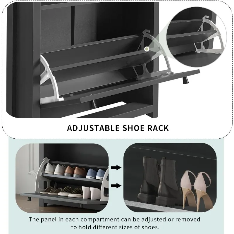 Sapateira com 2 Flip Gavetas, Grão de Madeira Padrão Top Shoe Cabinet, Free Standing Shoe Rack, painéis ajustáveis