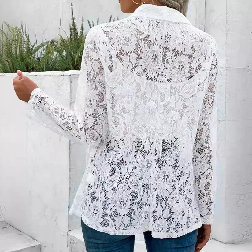 Summer White Lace Hollow Out Women\'s Coat Solid Open Stitch Blazers Outdoor Business Jackets Lightweight Office Ladies Coats