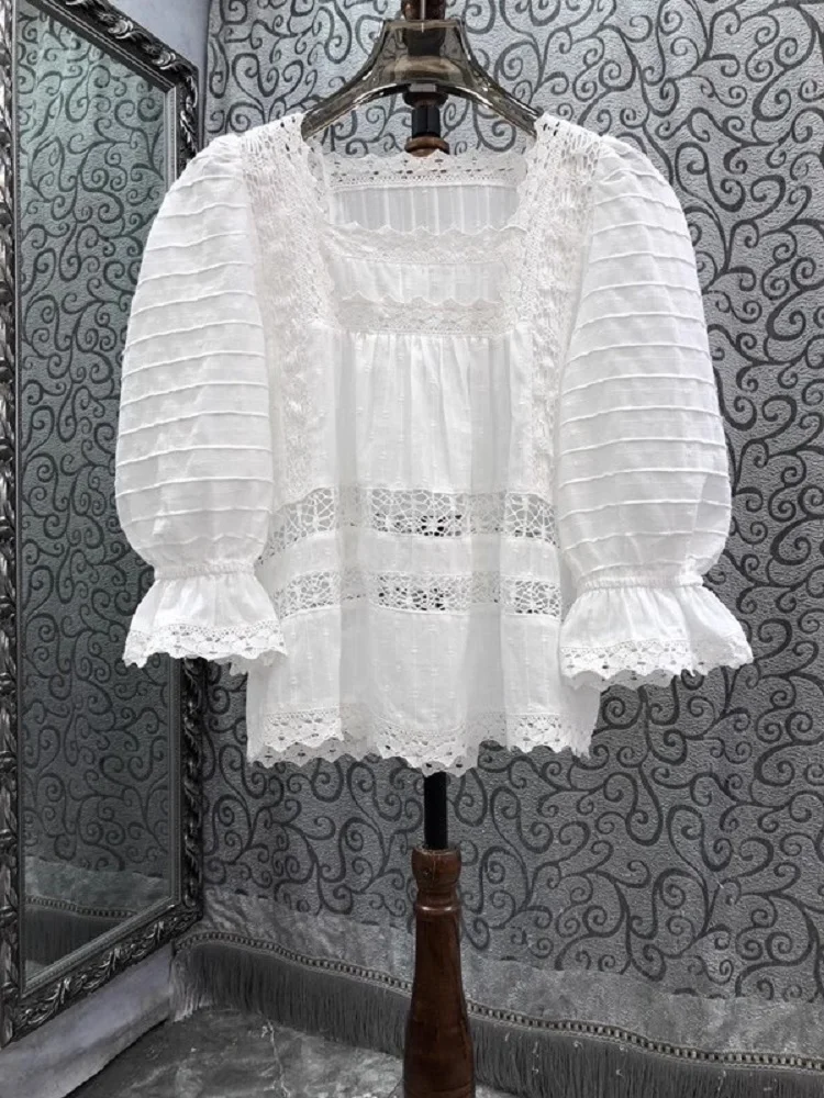 

100%Cotton Tops 2024 Spring Summer Blouses Women Sexy Square Collar Lace Embroidery Flare Sleeve Elegant White Black Tops Blusas