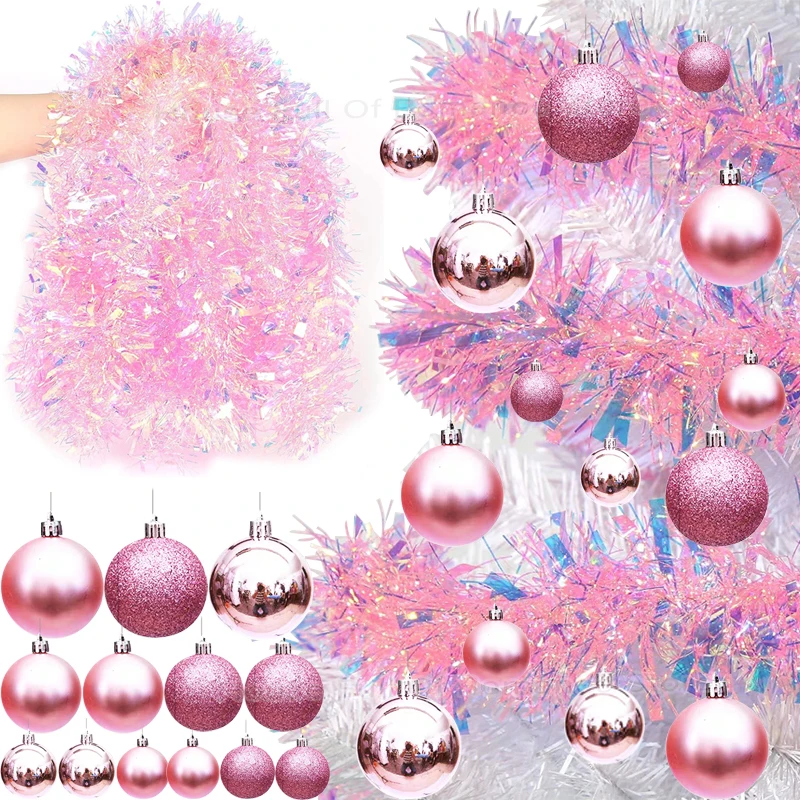 Guirnaldas de espumillón navideñas, decoración para barra, hermosa corona rosa, adornos para árbol de Navidad, decoración para fiestas, hogar, escaleras, colgante decorativo