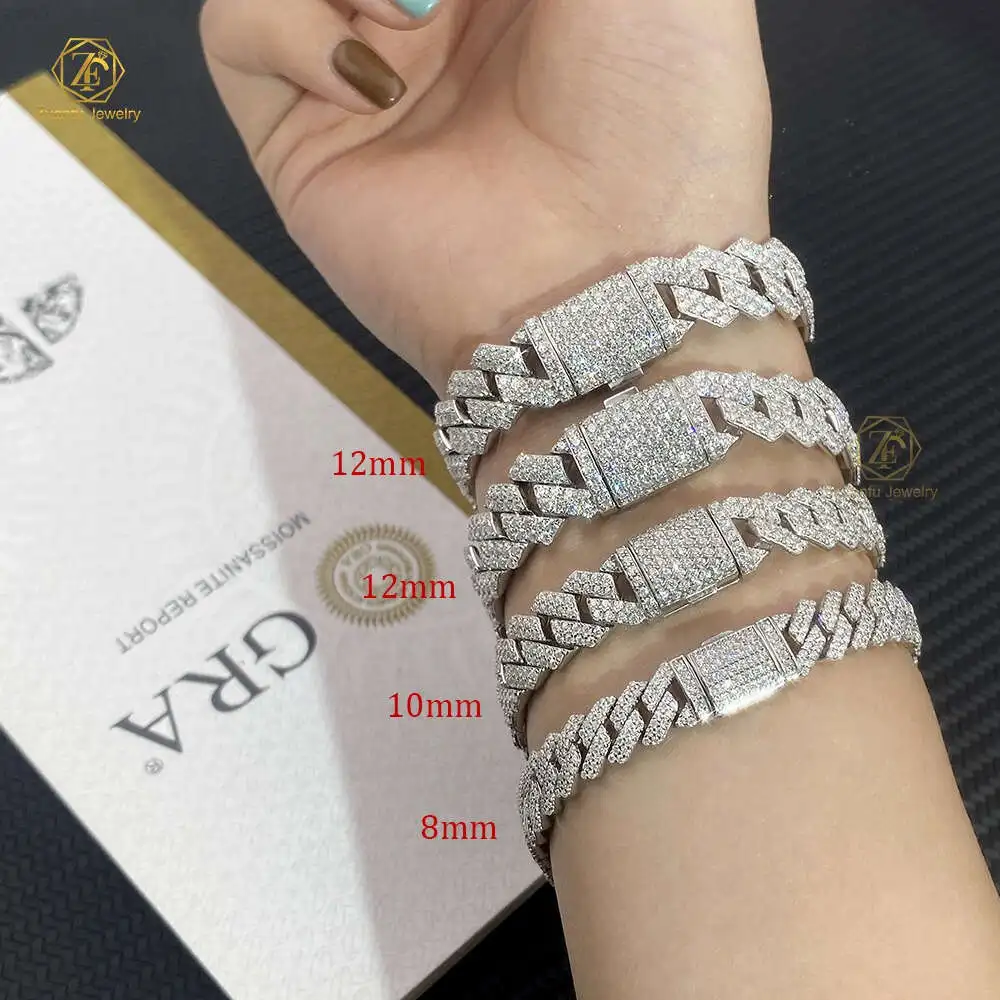 Hip Hop Iced Out 18k Whited Gold Plated 925 Sterling Sliver 8mm 10mm 12mm Moissanite Cuban Link Chain Bracelet for Men Women