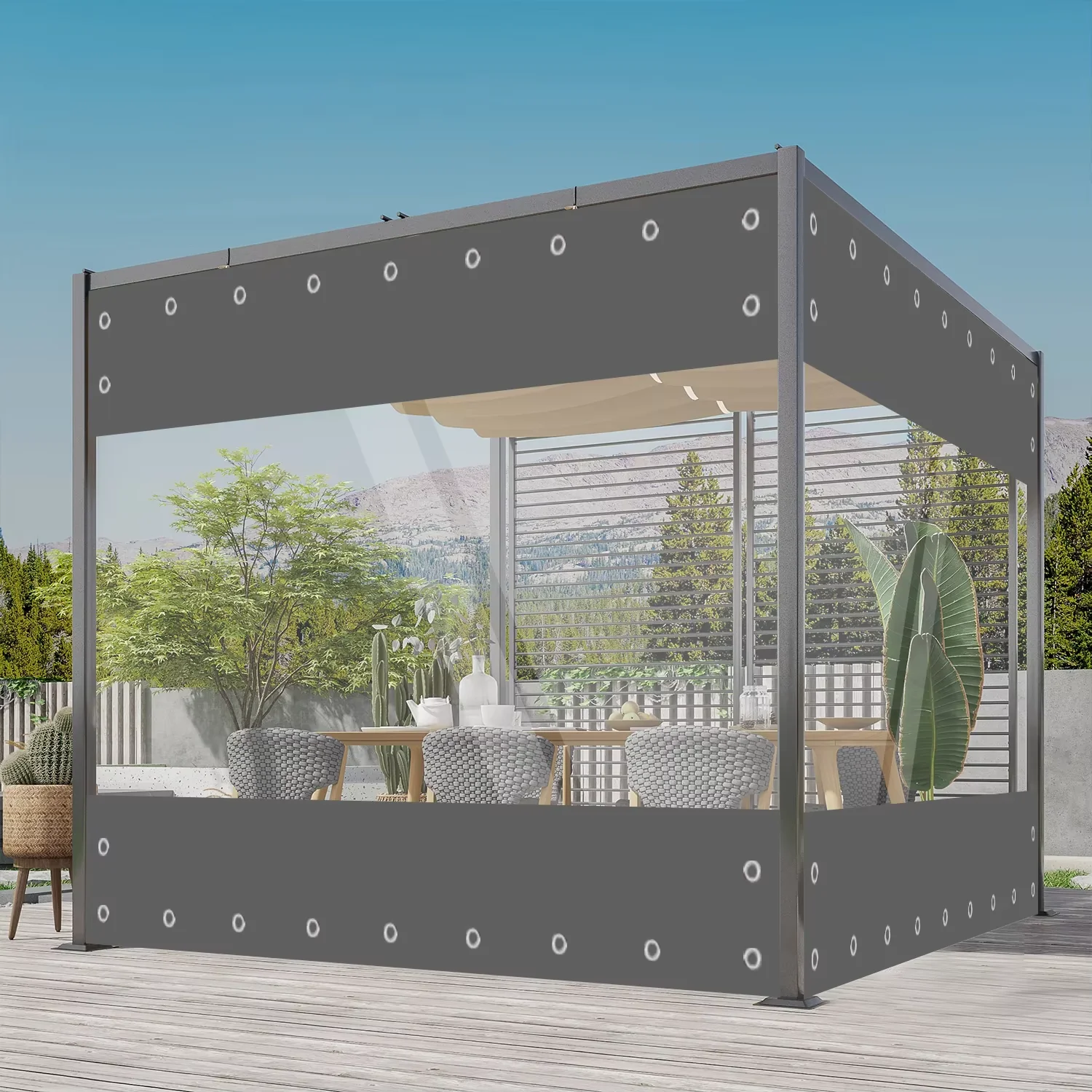 Wasserdichte transparente PVC-Plane mit Ösen, 0,55 mm, wetterfeste Outdoor-Plane, Vorhänge, Regenschutz für Pergola, Veranda, Pavillons – Detail 1