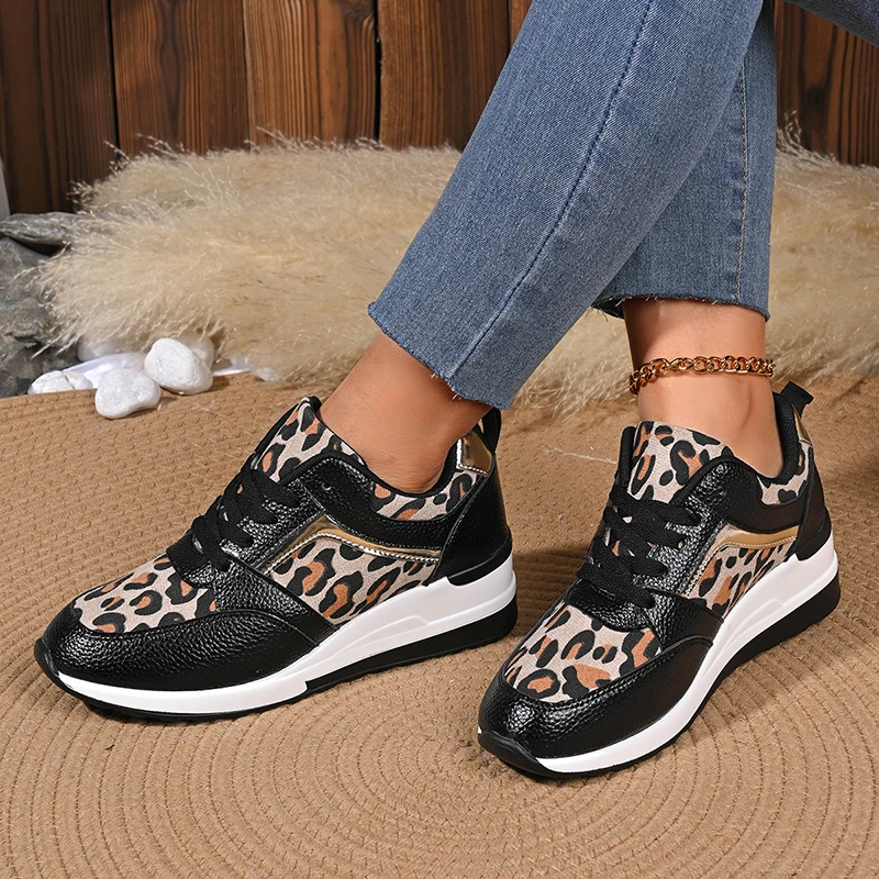 Leopard Wedge Sneakers Women Spring 2025 Chunky Platform Lace Up Vulcanized Shoes Woman Plus Size 43 Casual Shoes Trainers Mujer