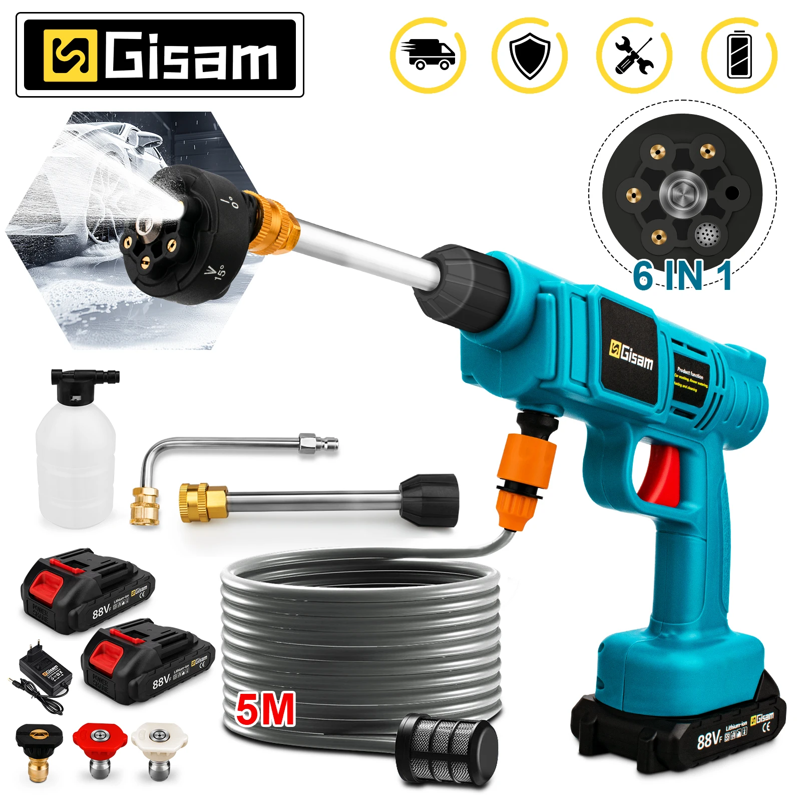 Gisam 30BAR Electric High Pressure Car Washer Gun 6-in-1 Cleaning Washing Garden Car Water Gun for Makita 18V Battery Spray Gun