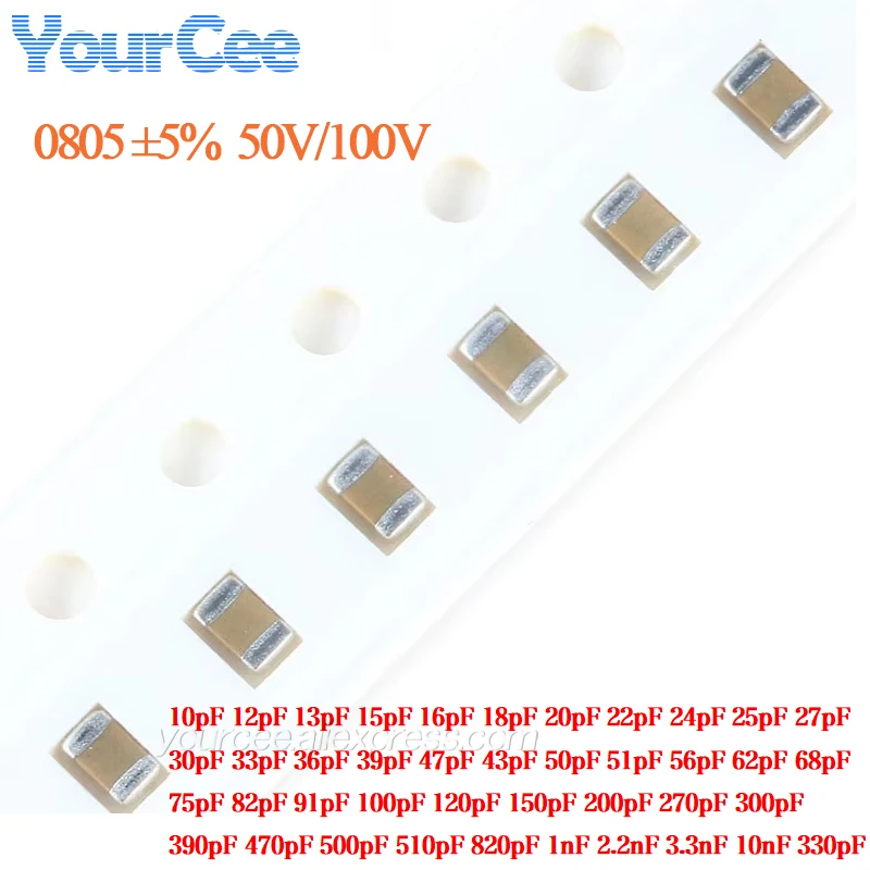 100 sztuk/partia Kondensator SMD 0805 ±5% 50V 100V C0G 15pF 20pF 22pF 30pF 47pF 68pF 100pF 220pF 330pF 470pF 1nF 3.3nF 10nF Pojemność