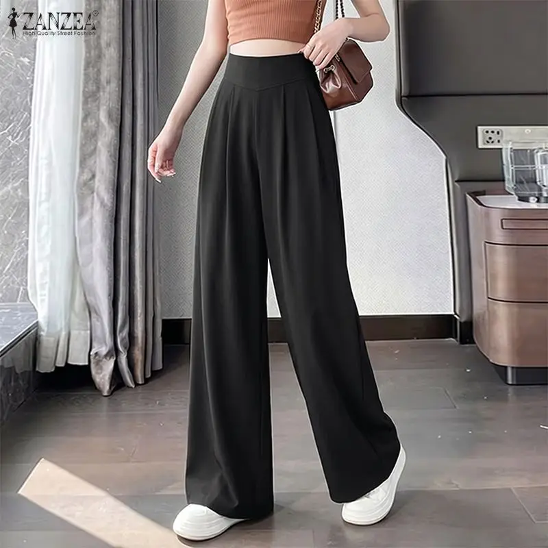 Korean Fashion Wide-Leg Pant Women Elastic Back Waist V-Shaped Seam Solid Color Trousers ZANZEA Commute Pantalones Streetwear