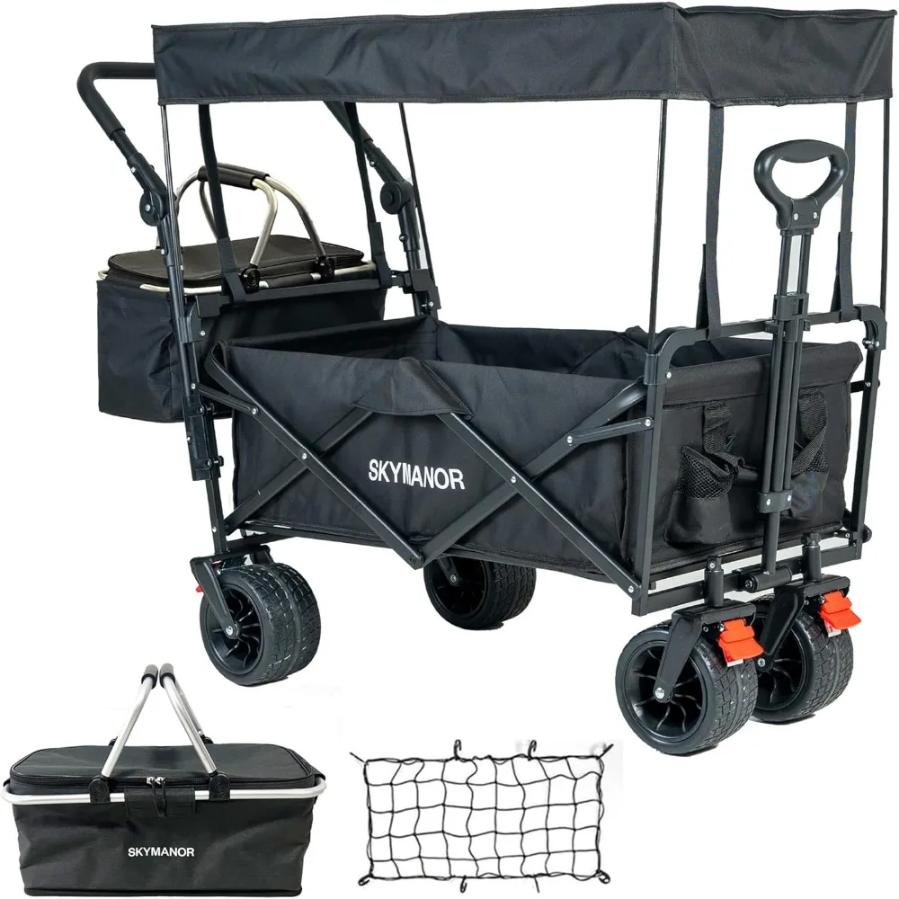 

Collapsible Wagon Folding Garden Cart with Removable Canopy Utility Wagon Cart with All-Terrain Wheels Brake Beach Cart for San