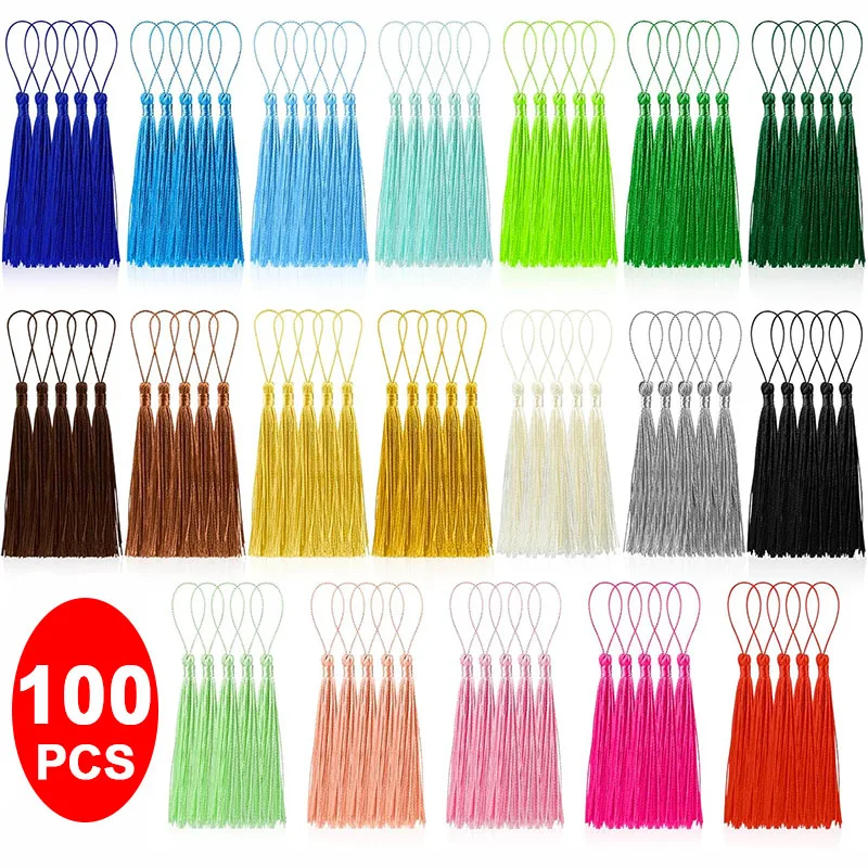 Lot de 100 mini-pompons à franges doux faits à la main avec boucles pour marque-pages, artisanat DIY et accessoires de fabrication de bijoux