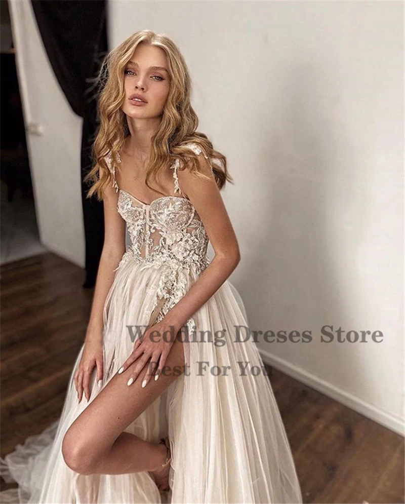 OLOEY 2023 Sexy Beach Lace Wedding Dress Spaghetti Straps Applique Wedding Gowns High Side Slit Bride Dress Vestido de noiva