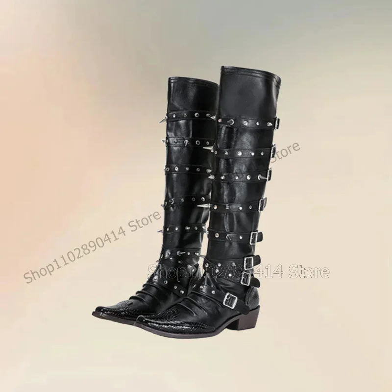 

Black Belt Fastener Rivets Decor Alligator Print Boots Slip On Women Shoes Chunky High Heels Pointy Toe 2025 Zapatos Para Mujere