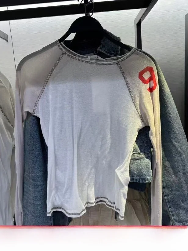 Spring Summer New Arrival Transparent Spicy Girl Long Sleeve round Neck Digital Print Patchwork T-Shirt Women's Fashion Citywalk
