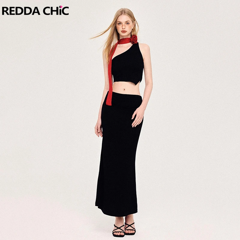 ReddaChic Low Waist Mermaid Long Skirt Top Set Women Rose Scarf Neck Irregular Crop Top Solid Black Grayu Harajuku Streetwear