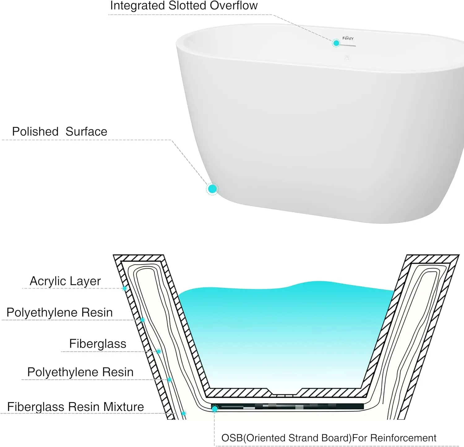 Asus-Baignoire autoportante en acrylique, baignoire de trempage autoportante de forme gracieuse