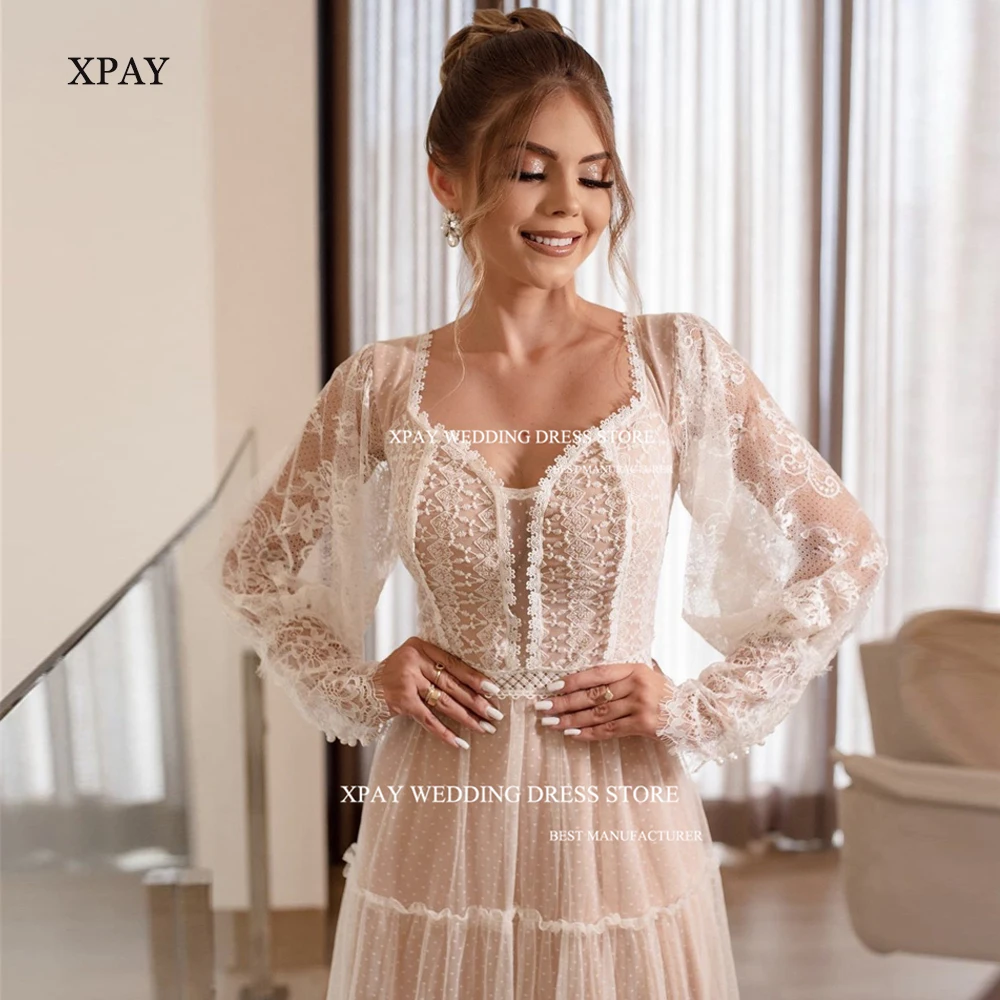 XPAY Sexy Lace Wedding Dresses Long Sleeves V-Neck Floor-Length Dubai Arabia Women Bridal Gowns Garden Plain Garden Country