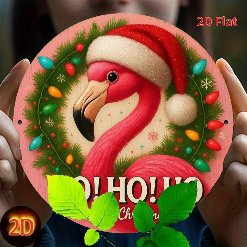 2D Plane, 1pc- Christmas Flamingo Theme, 7. 8- Inch Round Iron Sign Sign Hanging Painting, Is an Ideal Gift for Home and Restaur