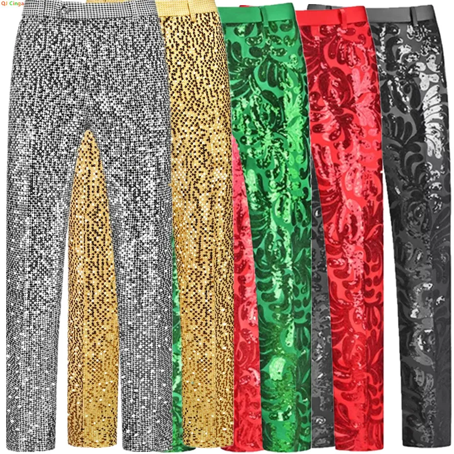 

QJ CINGA Men's Black Tuxedo Pants Shiny Decoration Long Pants Asian Size M-6XL for Wedding Party Stage Performance