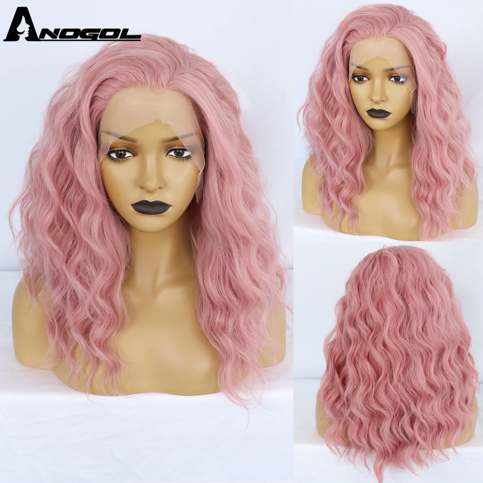 Anogol 13X2.5 Lace Front Wig Short Natural Wave Pink Free Part High Temperature Fiber Synthetic  Hair Red Wigs For Black Women