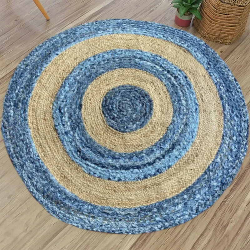 

Rug Jute & Denim Round Reversible Handmade Area Carpet Modern Rustic Look Rug