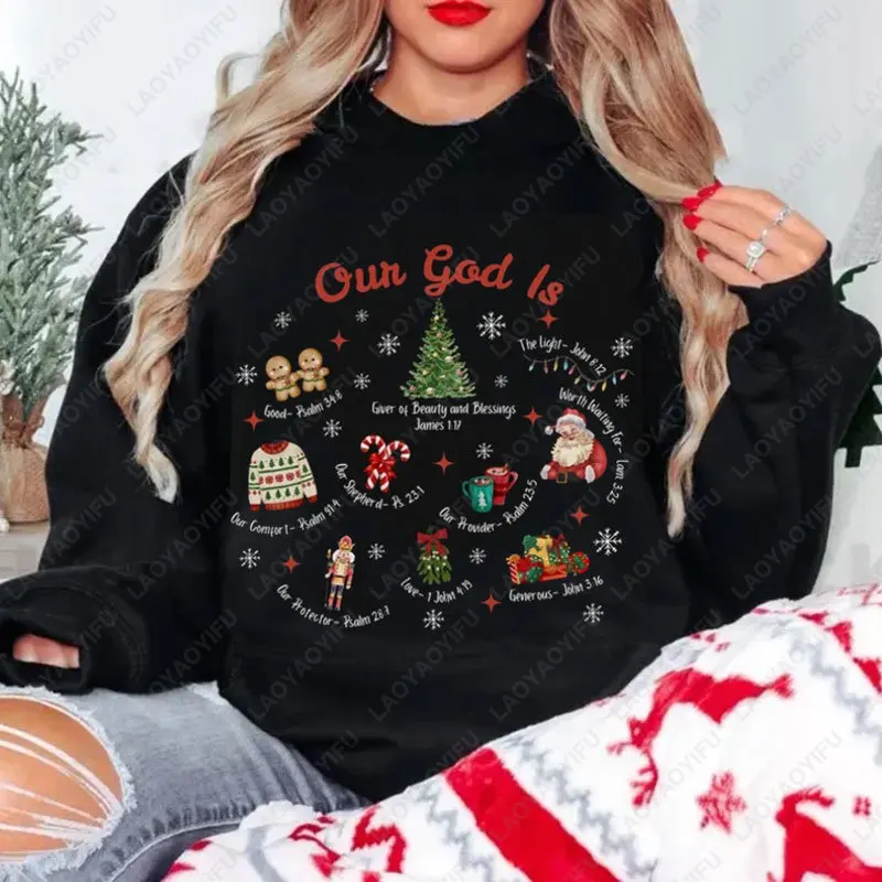 Oun God Ls... قميص عيد الميلاد المسيحي المضحك للعائلة، سويت شيرت مسيحي، مجموعة الكنيسة، بلوفرات للجنسين، ملابس الزوجين #3