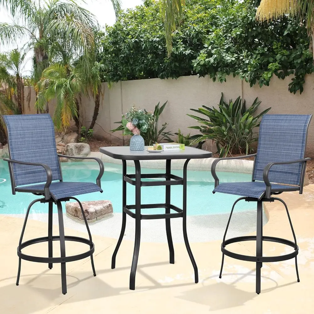 

Всепогодный поворотный барный комплект с 2 высокими стульями и стеклянным столом, цвет джинсовый синий, идеально подходит для улицы