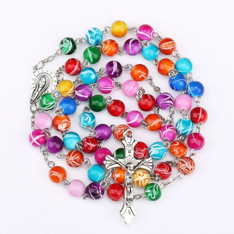 8MM Acrylic Prayer Bead Necklace For Women Crucifix Cross INRI Pendant Long Chain Girls Religion Christian Rosary Jewelry