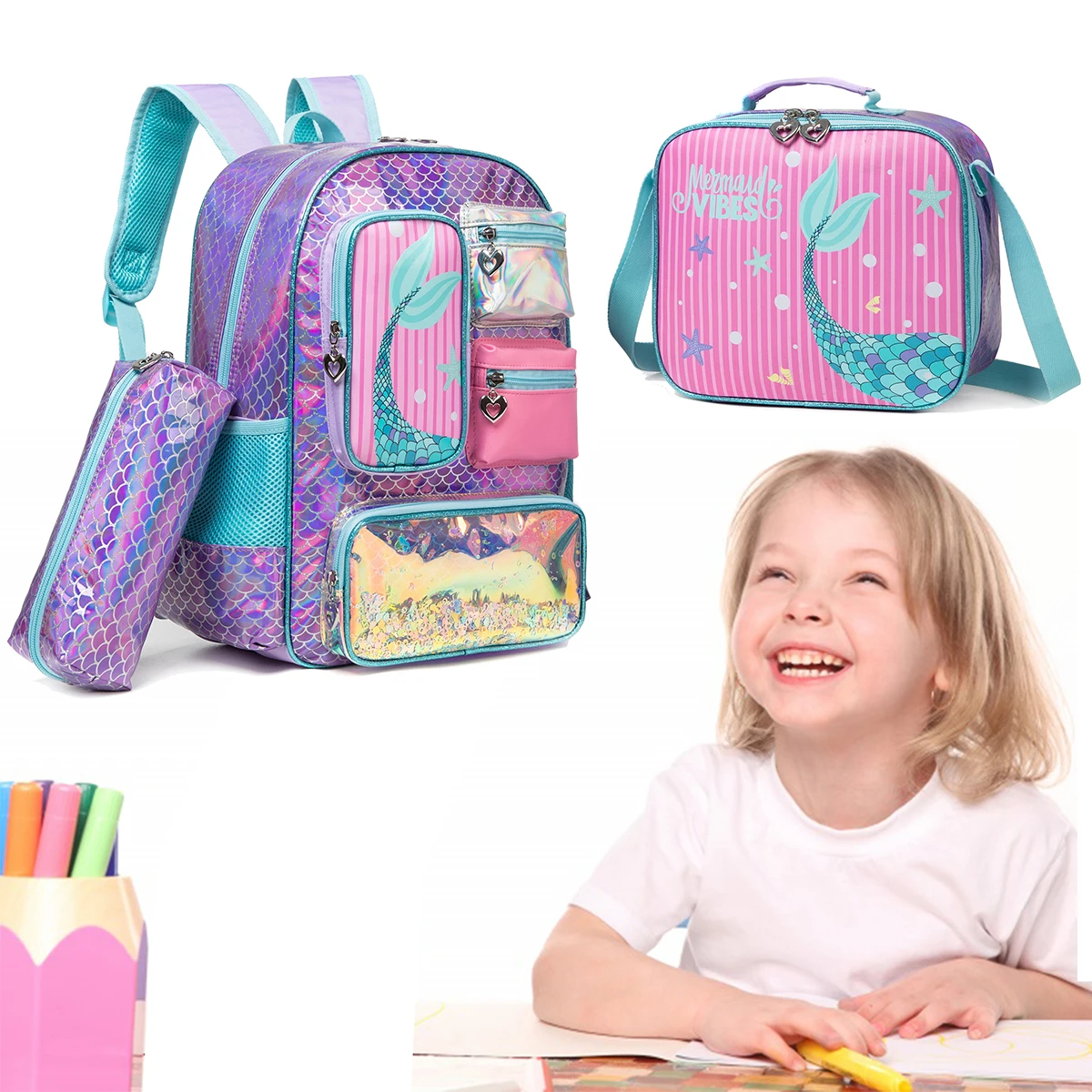 Meetbelify Mermaid Backpack for Girls Bookbag for Girls with Lunchbag and Penbag for Elementary Students