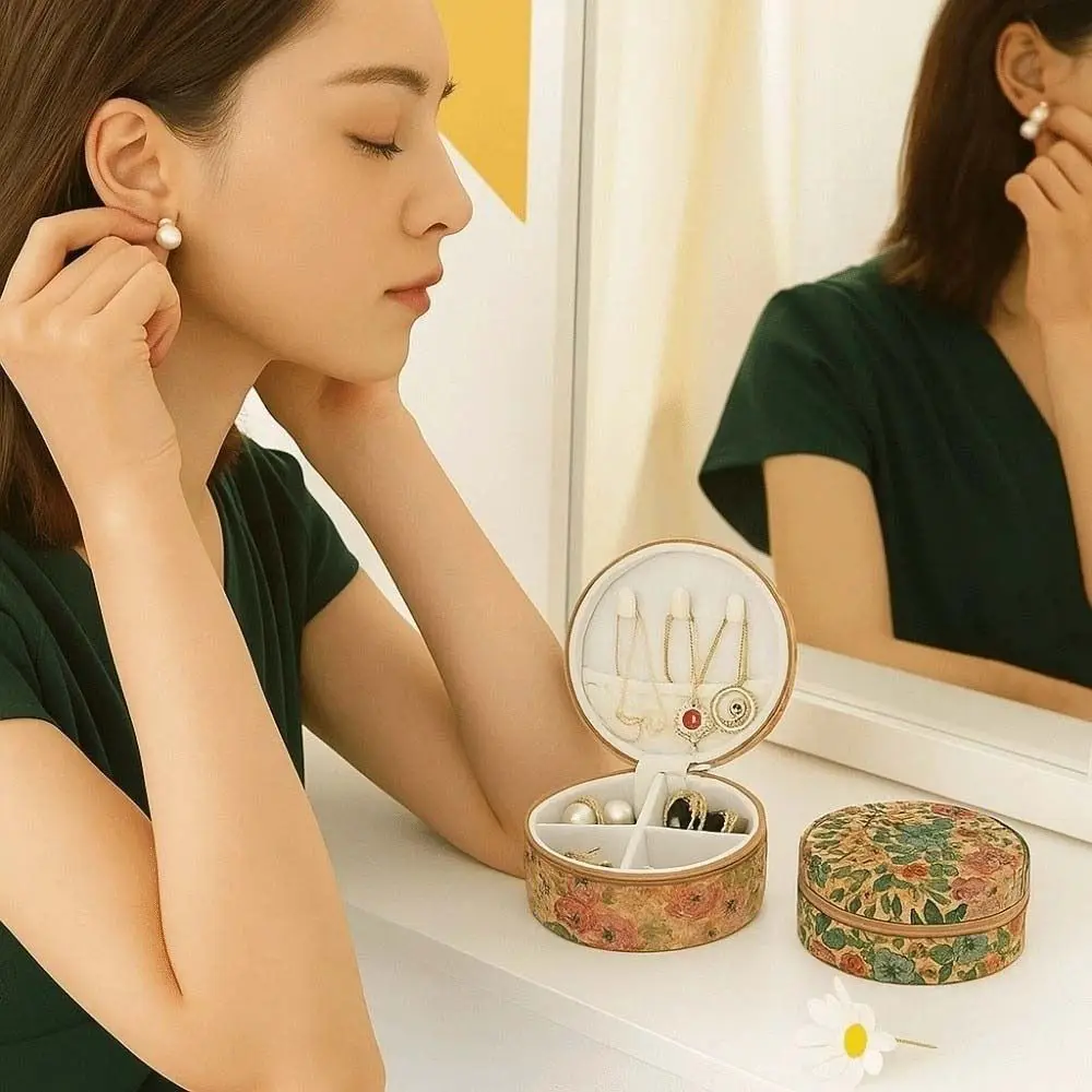 

Прекрасная винтажная коробка для хранения ювелирных изделий на молнии, богемное ожерелье, чехол для колец, круглый портативный органайзер для сережек для девочек