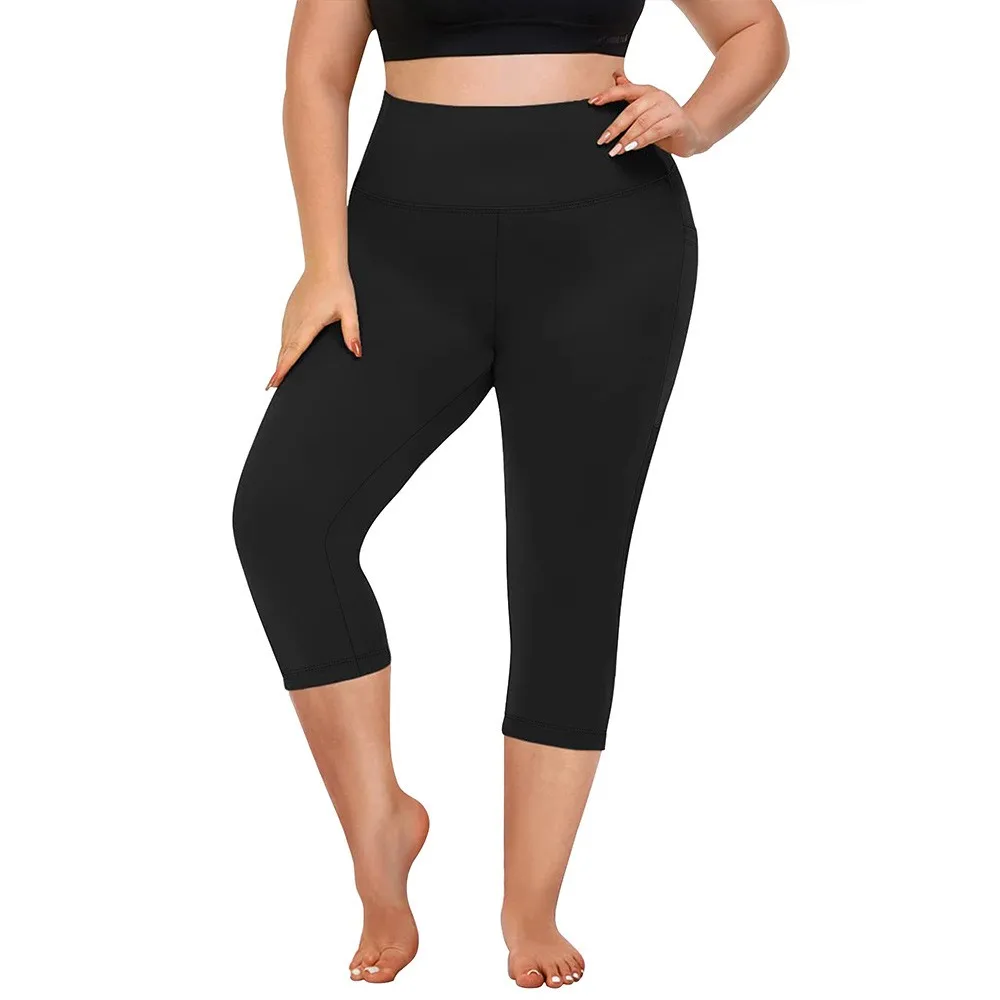 Women's Leggings Black High Waist Capri Leggings Front Pocket 3/4 Leggings Tummy Control Cropped Leggings Solid Color Women's