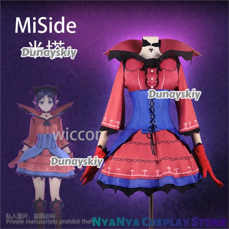 

Anime Game MiSide Mita Cosplay Vampire 할로윈 의상 Red Lolita Dress Wig Bustle Props For Halloween Christmas Party Cos Customized