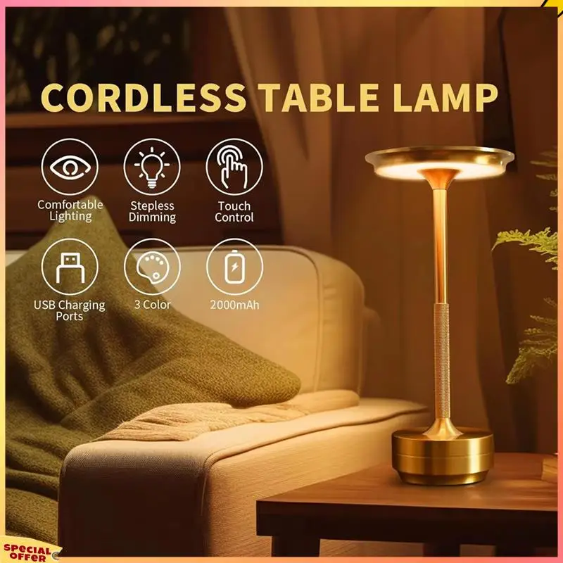 

ABFI Wireless LED Table Lamp Restaurant Bar Lamp Dimming Atmosphere Portable Charging Touch Read Lamp Bedroom Decor Light Gold
