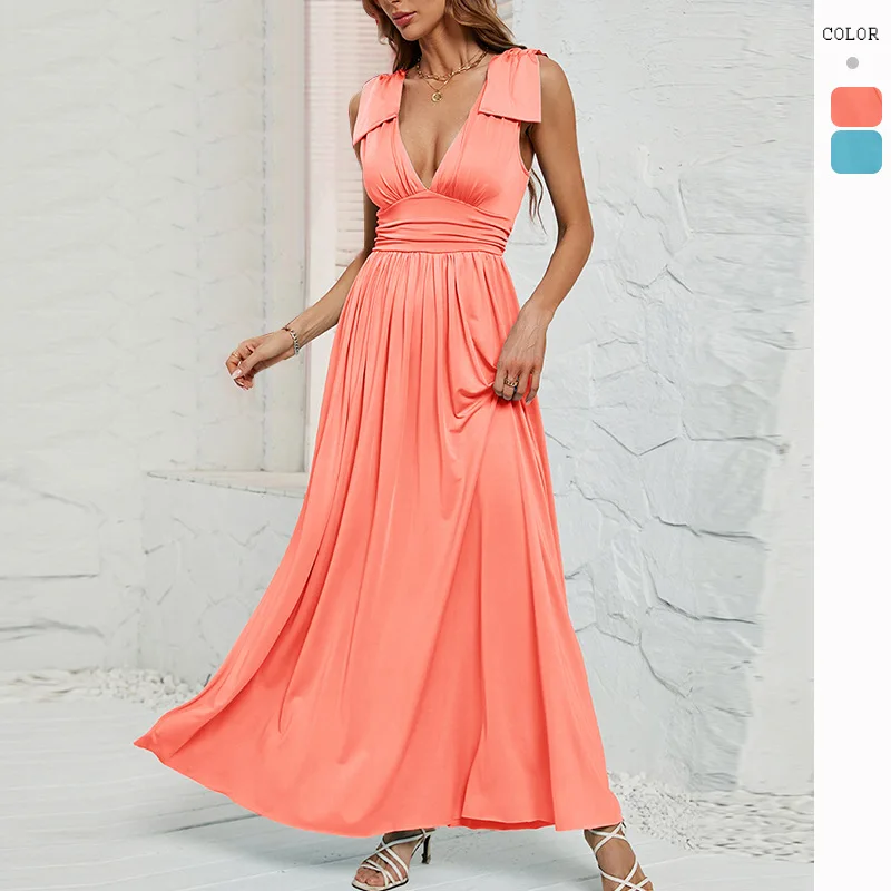 

2025 spring and summer new hot selling solid color V-neck waist swing dress