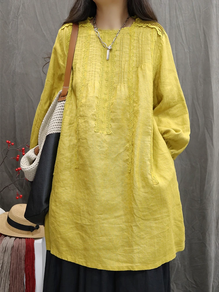 100% Linnen Vrouwen Casual Jurk Nieuwe 2025 Herfst Vintage Stijl O-hals Kant Effen Kleur Losse Vrouwelijke knielange A-lijn Jurk M2144