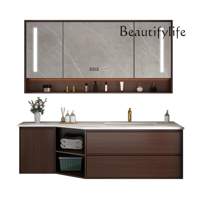 

New Chinese bathroom cabinet, rock slab oak combination special-shaped corner-cut bathroom washbasin cabinet