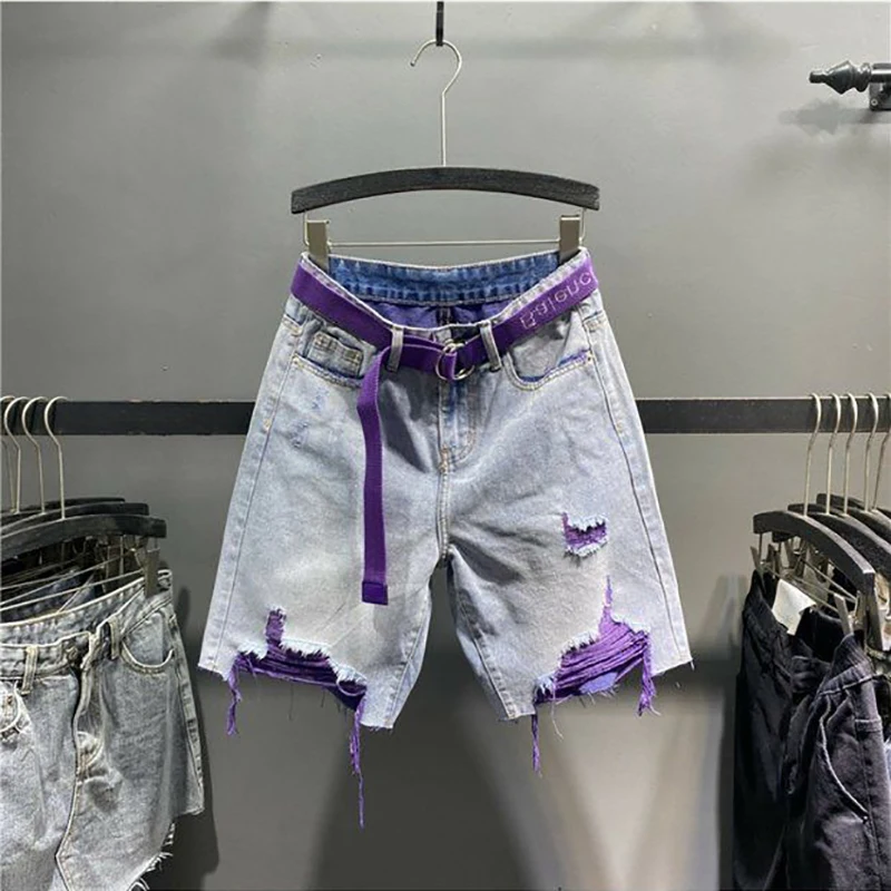 Y2K Purple Liner Distressed Denim Bermuda Shorts With Belt Ripped Frayed Hem High Waist Loose Wide Leg Jean Shorts Women view 4