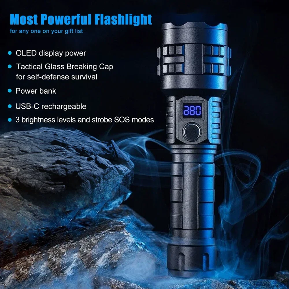 5000LM Tactical P70 LED Flashlight Long-Range USB Charging Torch Power Display Hand Lamp 5 Modes Lantern Emergency Broken Window