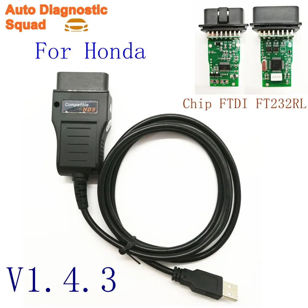 Kabel USB do systemu Honda HDS z chipem FTDI FT232RL, wersja V1.4.3, kompatybilny z systemem Windows XP, obsługuje protokoły OBD i OBD2.