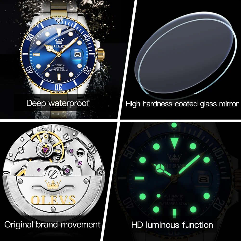 OLEVS Men\'s Automatic Mechanical Watch Rotatable Bezel Analog Wristwatch Diving Green Waterproof Business Man Watch Reloj Hombre