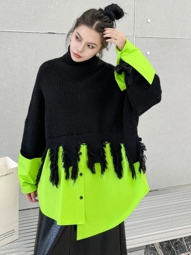 [EAM] Tassel Color-block Big Size Knitting Sweater Turtleneck Long Sleeve Women Pullovers New Fashion Spring Autumn 2024 1DH1043