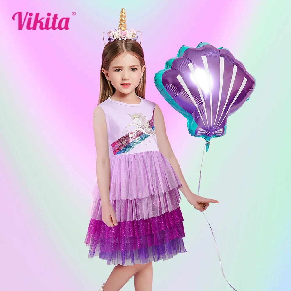 VIKITA Kids Sleeveless Dress Sequin Unicorn Rainbow Party Dress Layer Girls Tutu Dress Children Summer Casual Wear Kids Vestidos