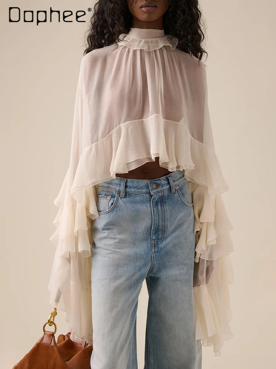 

Elegant Graceful Socialite Shirt Women Korea Fashion Casual Long Sleeve Stand Collar Multi-layer Ruffle Short Chiffon Blouse Top