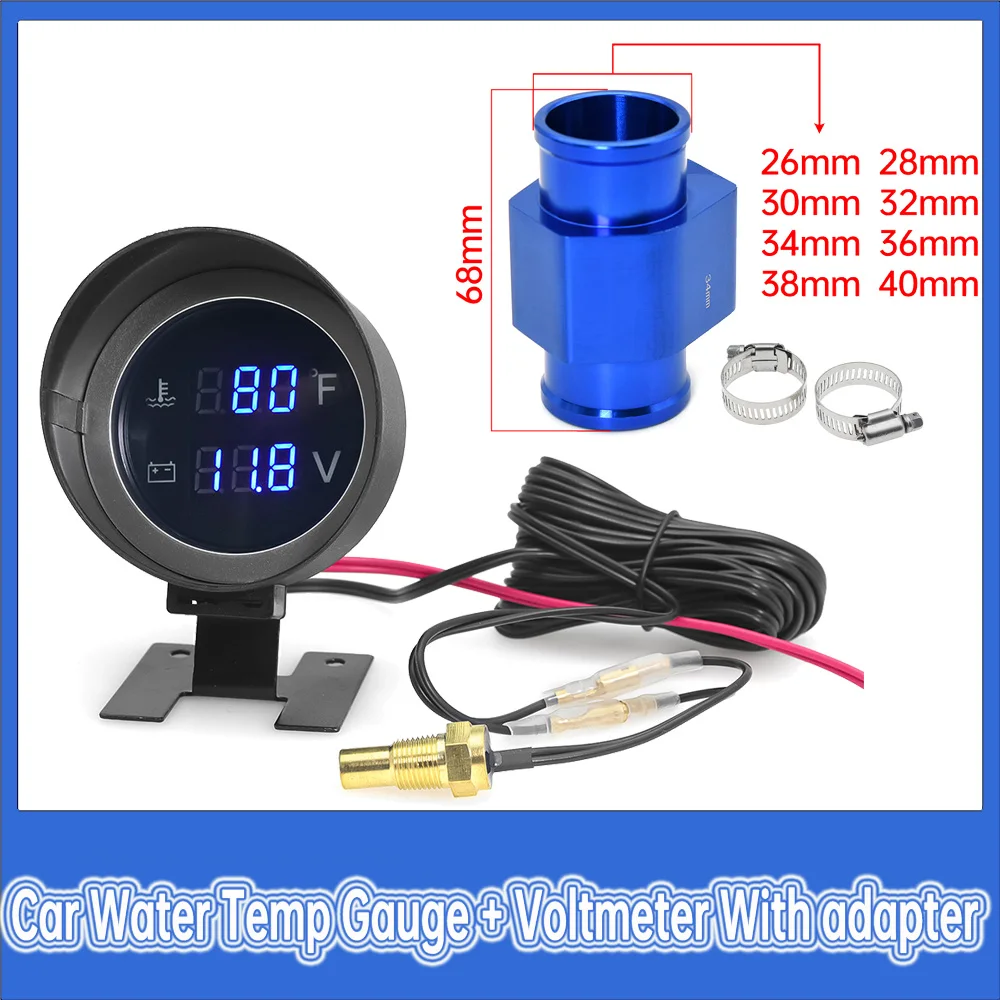 

Water Tank Level Indicator +Voltmeter Gauge 26mm-40mm Adapter 2 in 1 LCD Car Truck Gauge with Water Temp Joint Pipe Sensor